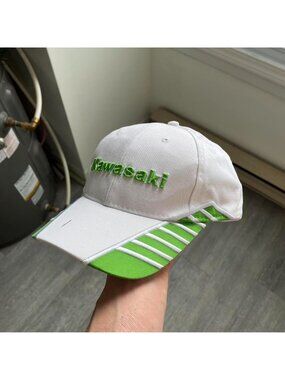 White / Green Vintage Kawasaki Embroidered Racing / Biker Cap / Hat